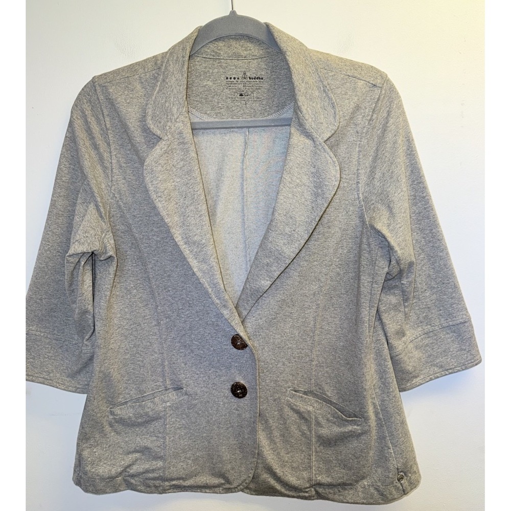 Neon Buddha Jacket Blazer Top Gray Two Button Pockets Small Stretch 3/4 Sleeve